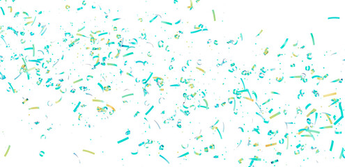 High-quality image of teal and gold confetti falling on a white background. Perfect for celebrations and festive designs.