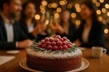 A holiday cake with berries and fir branches decorates the table, adding a cozy and atmospheric winter touch.
