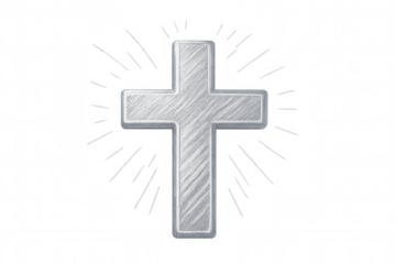 Silver christian cross with shining rays on a transparent background, symbolizing faith, hope, and spirituality