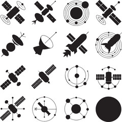 Collection of satellite and space technology icons in silhouette Keywords: satellite, space