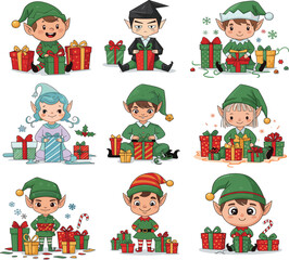 Christmas cartoon characters with presents, festive elves and vampire, holiday vector bundle, gift-giving clipart, whimsical seasonal illustrations