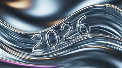 Shimmering chrome numbers 2026 elegantly float on a rippling metallic surface, evoking futuristic progress and new year celebrations with a sleek, modern aesthetic.
