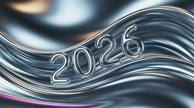 Shimmering chrome numbers 2026 elegantly float on a rippling metallic surface, evoking futuristic progress and new year celebrations with a sleek, modern aesthetic.