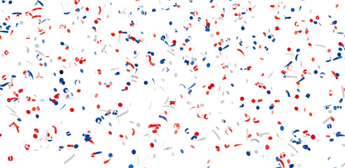 Festive confetti background with red, white, and blue shapes. Perfect for celebrations and party invitations.