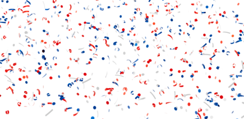 Festive confetti background with red, white, and blue shapes. Perfect for celebrations and party invitations.
