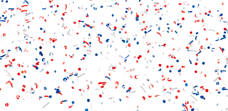 Festive confetti background with red, white, and blue shapes. Perfect for celebrations and party invitations.