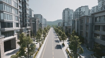 Urban Living: Modern Apartment Buildings Along a Tree-Lined Street, Showcasing Contemporary Architecture and Community Design