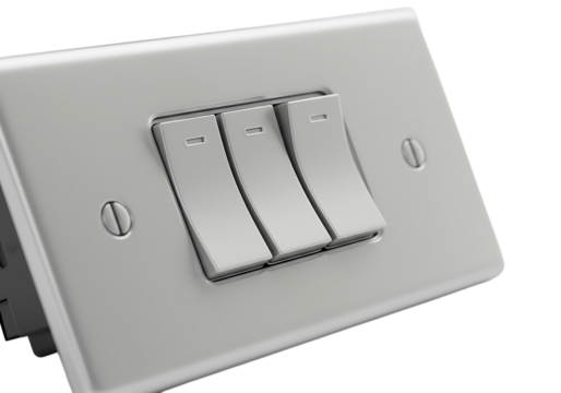 Triple Toggle Light Switch: Electrical Control Panel isolated on transparent background