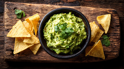 Freshly made guacamole dip with corn tortilla chips on a rustic wooden board. A top-down view of a classic Mexican appetizer, perfect for parties.
