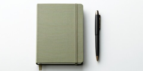 Elegant Olive Green Notebook with Black Pen on White Background, Ideal for Writing and Planning