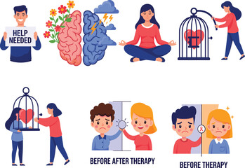 Mental health and therapy cartoon illustrations, emotional healing vector set for education, awareness, wellness campaigns, stock, social media