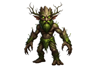 A detailed illustration of a nature spirit, crafted with wooden textures and vibrant green foliage.