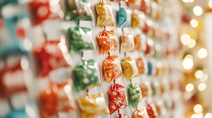 Colorful advent calendar with small wrapped gifts. Christmas anticipation.