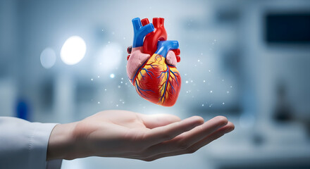Medical professional holding a realistic 3D rendered human heart model, cardiology and healthcare concept highlighting heart health and medical treatment