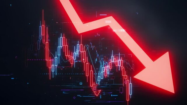 Glowing red arrow pointing down over a financial chart