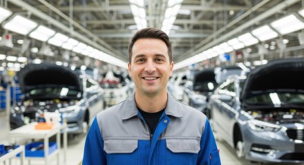 Mechanic stands proudly in automobile factory surrounded by multiple cars with hoods open. Bright lights illuminate the busy workspace reflecting a day of hard work and teamwork