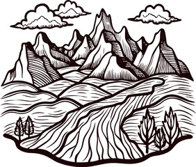 Fototapeta premium Hand drawn mountain landscape with river and trees in vintage engraved illustration