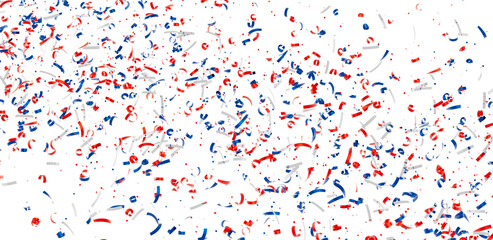 Festive confetti background with red, white, and blue ribbons. Perfect for celebrations and holidays.