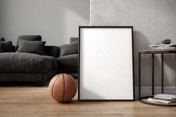 Modern Living Room with a Blank Vertical Poster and Basketball 