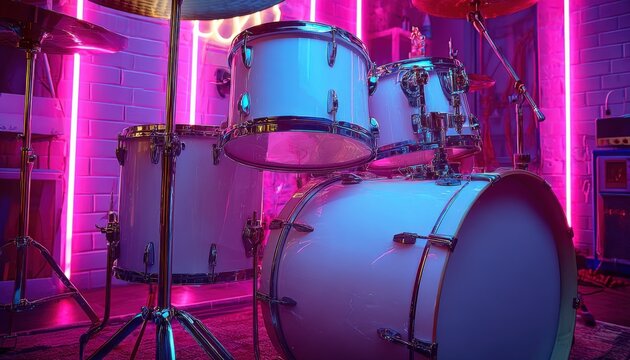 Drum kit illuminated with vibrant neon lights creating a dynamic and energetic music scene backdrop - Powered by Adobe