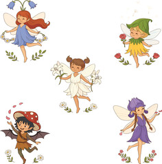 Whimsical flower fairies with botanical outfits and wings, magical character bundle featuring nature-inspired costumes, floral elements, and fantasy charm