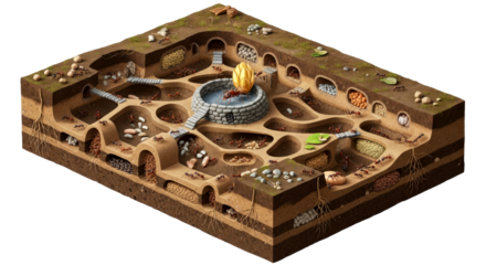 a thriving ant colony isometric view of underground insect civilization, isolated on transparent background