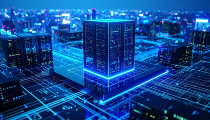 Futuristic city with a central server