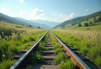 abandoned old wooden train tracks overgrown lush green grass nature resilience rustic charm landscape, railway, scenery, flora, texture, wildlife, greenery
