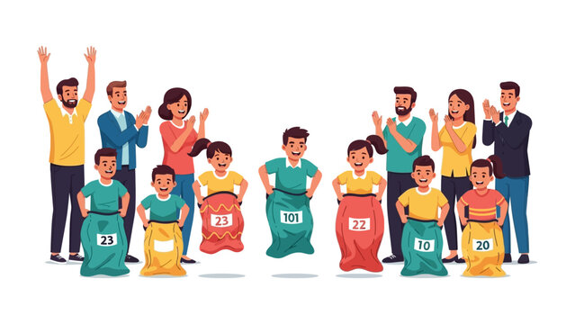 Sack Race Competition: A lively scene unfolds as children engage in a spirited sack race, cheered on by enthusiastic adults who eagerly watch and support their efforts.