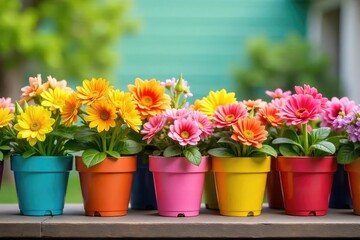 Fototapeta premium A cheerful array of colorful flowerpots brimming with vibrant blooms, ready to brighten any space Perfect for spring, summer, gardening, and home decor themes , floral, nature, balcony