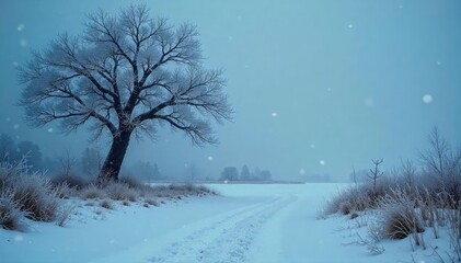 Obraz premium A chilling winter scene with frost-covered branches and a stark, desolate landscape evoking a sense of eerie quiet and impending cold , winter scene, bleak