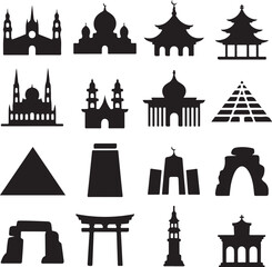 Silhouettes of diverse religious buildings and architectural landmarks worldwide mosque temple