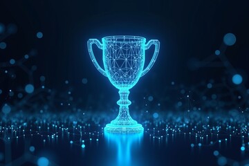 Digital achievement and innovation in technology represented by glowing wireframe trophy cup over a futuristic network background