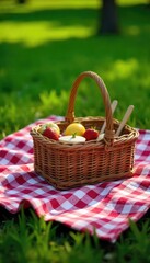 A cozy blanket spread out on lush green grass, a wicker picnic basket overflowing with delicious treats sits invitingly in the center Perfect for a relaxing outdoor meal , romance, juice, park