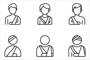 Injured man in bandage icon set. Simple outline style. Broken arm,Vector illustration isolated on white background. Editable stroke EPS 10.