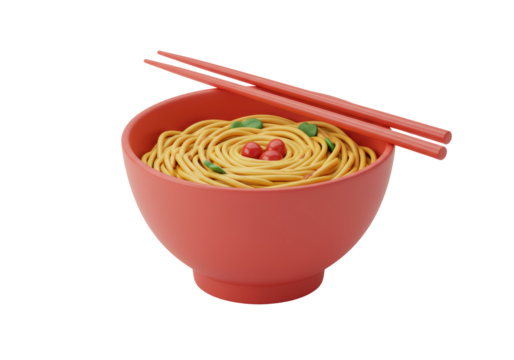 Isolated noodles in red bowl with chopsticks, close-up view, healthy Asian cuisine - Powered by Adobe