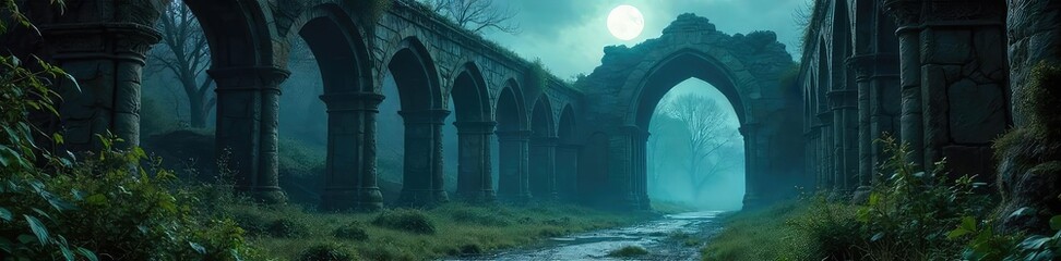 A crumbling gothic cathedral shrouded in mist, moonlight illuminating ancient, overgrown stones and shadowed arches Secrets and shadows linger in this forgotten place , cross, moonlight