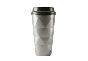 Isolated travel mug with geometric design and black lid for hot beverage drinks