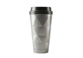 Isolated travel mug with geometric design and black lid for hot beverage drinks