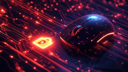 A computer mouse with an illuminated padlock icon on its surface, set against the backdrop of digital circuitry.