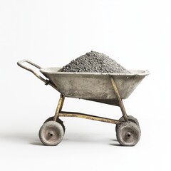A concrete wheelbarrow filled with concrete, set against a white background