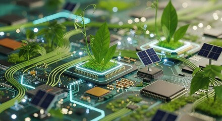 Obraz premium Energy-Efficient and Sustainable Computing Concept with Green IT, Eco Chips, and Renewable Technology 