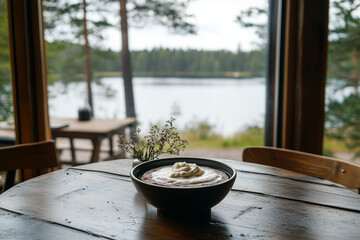 Mammi dessert with cream in wooden bowl by lake cabin window