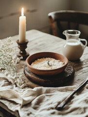 Rustic bowl of mammi souffle with candlelight in cozy home atmosphere