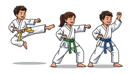 Karate Kids in Action: Three young martial artists in crisp white uniforms showcasing dynamic karate stances, epitomizing the focus, discipline, and energy of youth karate.  © Abu