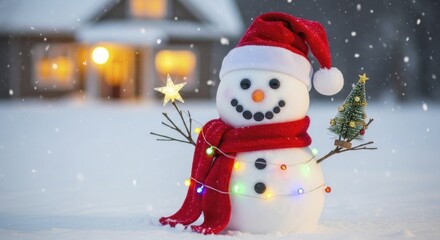 Obraz premium Cheerful Snowman with Santa Hat, Red Scarf, and Colorful Christmas Lights Under Falling Snow, Featuring a Glowing Star and Tree Against a Warm House Background.