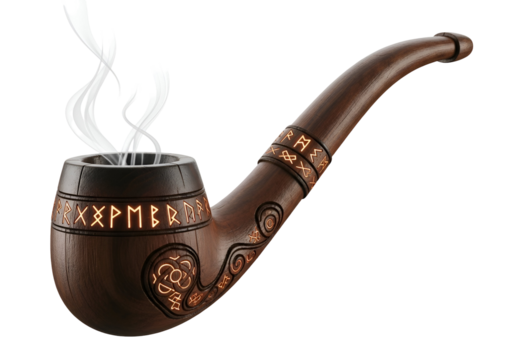 An elaborately carved wooden smoking pipe, adorned with glowing runes, emits a plume of steam. - Powered by Adobe