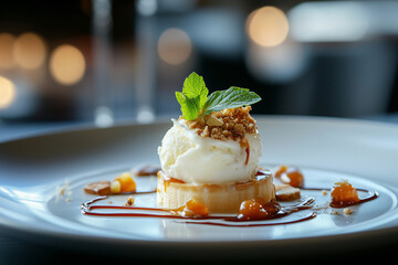 Mammi dessert with ice cream and caramel drizzle in fine dining restaurant