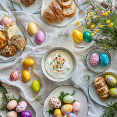 Mammi cream with Easter eggs and festive bread on holiday table