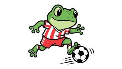 Frog soccer superstar kicking ball: A delightful cartoon frog, embodying the spirit of competition and fun, expertly dribbles a soccer ball, radiating energy and sporting a spirited.
